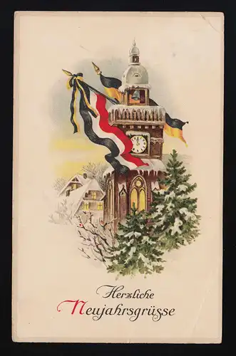 Salutation de la tour de l'horloge de Noël minuit drapeau couru 31.12.1917