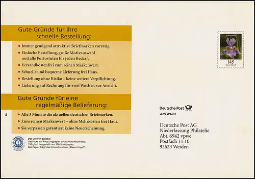 Lettre de plus EA F 38 Fleur Liée d'épée 145 C. Enveloppe de réponse 2010 post-fraîchissement