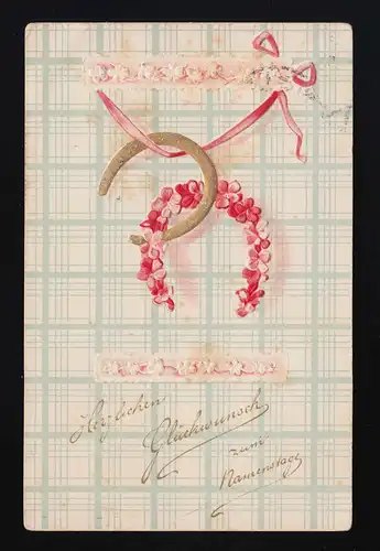 Fer à cheval or + fleurs rouges pendent bande Félicitations nom Aachen 28.5.1910