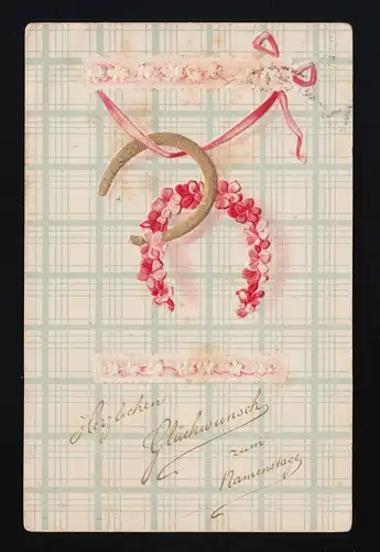 Hufeisen Gold + rote Blüten hängen Band Glückwunsch Namenstag Aachen 28.5.1910