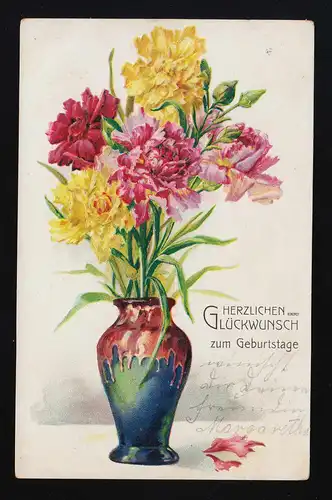 Vase Nelken bunt Jugendstil Vase Glückwunsch Geburtstag, Zollenspieker 5.5.1907