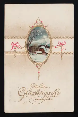 Winteridylle Médaillon Goldrand Félicitations Nouvel An K.D. Feldpostexp. 26.12.1916