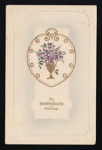 Strauß lila Blumen goldene Vase Glückwünsche Geburtstag, Hornburg 6.10.1912