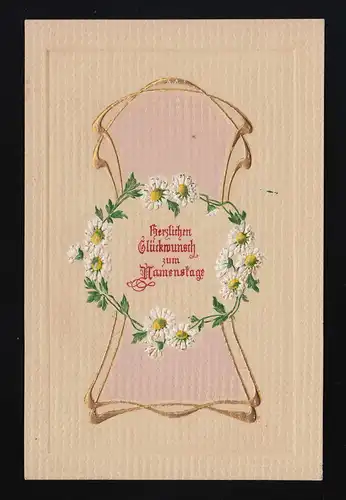 Kranz aus Margeriten goldene Ornamente, Glückwunsch Namenstag München 10.9.1909