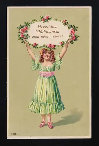 Mädchen grünes Kleid Schild Rosen Glückwunsch Neujahr, Chemnitz 30.12.1907 