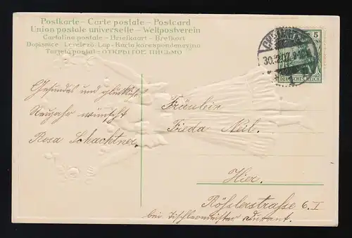 Mädchen grünes Kleid Schild Rosen Glückwunsch Neujahr, Chemnitz 30.12.1907 
