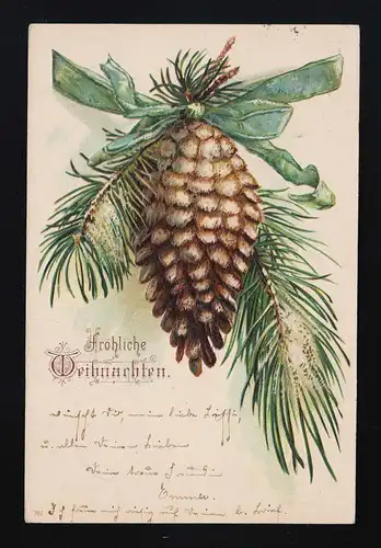 Zapfen grünes Band Reisig, Fröhliche Weihnachten Wiesbaden /Lambsheim 23.12.1901