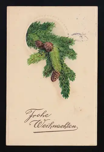 Reisig mit Zapfen in geprägtem Rund, Frohe Weihnachten, Merseburg 23.12.1913