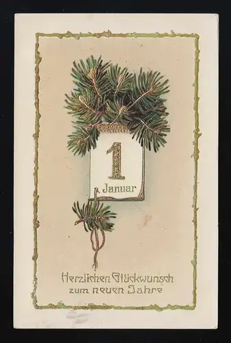 Branches de pins 1er janvier feuille calendrier Félicitations Nouvel An Gold Borte, Mettingen