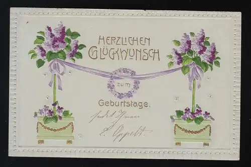 2 Fliederbäume lila Band + Schleifen, Glückwunsch Geburtstag, Freiberg 1.3.1907