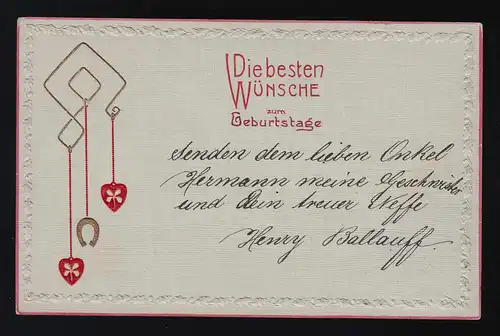 Leinenoptik rote Herzen + Hufeisen Besten Wünsche Geburtstag Stuttgart 28.9.1906