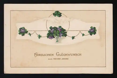 Klee Vase lila Blüten Sträuße Goldpunkte Glückwunsch Neujahr Raguhn 30.12.1916
