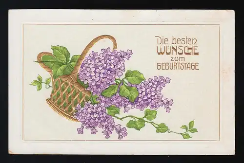Panier d'or avec lilas pourpre, meilleurs souhaits pour les anniversaires, inutilisé