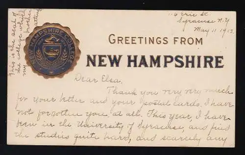 Greetings from New Hampshire College Wappen University, Syracuse 2.5.1913