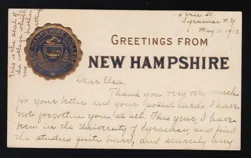 Greetings from New Hampshire College Wappen University, Syracuse 2.5.1913 