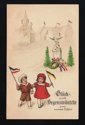 Kinder schwingen Wimpel, Flaggen Kriegerdenkmal Neujahr, Burscheid 31.12.1915