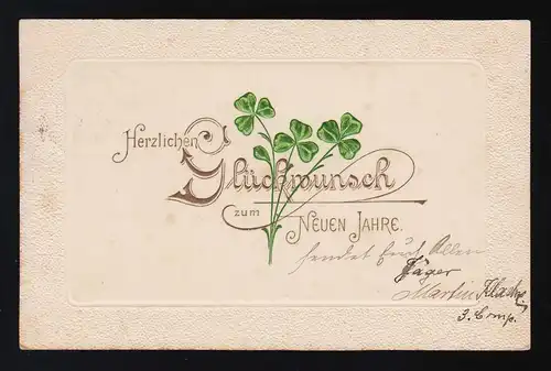 Herzlichen Glückwunsch zum neuen Jahre, Gold Klee Jugendstil, Lübben 30.12.1901