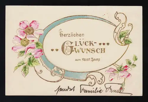 Blüten rosa weiß Jugendstil Ornamente gold, Glückwunsch, Tempelhof 31.12.1904