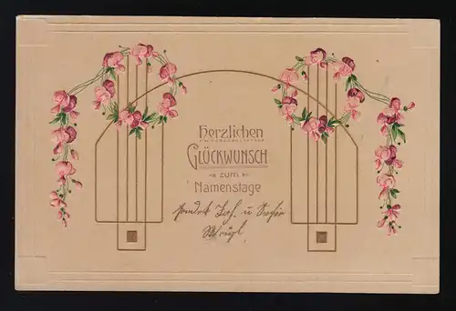 Fuchsien Kränze Girlanden Glückwunsch Namenstag gold verziert, gelaufen um 1911