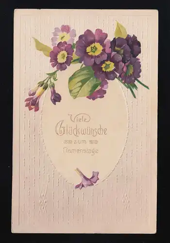Primeln bouquet jaune violet rempli, félicitations pour le jour du nom, Audence 20.1.1910