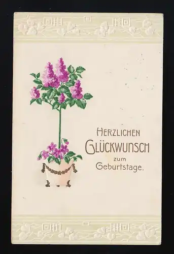 Lilas tige stylisée bordure florale, Félicitations anniversaire Lahr 16.6.1910