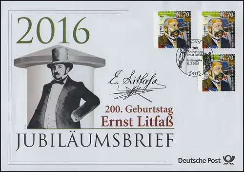 3211 200e anniversaire de Ernst Littfass 2016 Lettre d'anniversaire