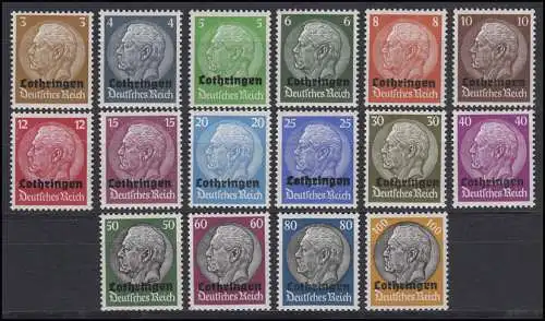 Lothringen 1-16 Hindenburg mit Aufdruck 1940, 16 Werte komplett, Satz **