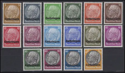 Lothringen 1-16 Hindenburg mit Aufdruck 1940, 16 Werte komplett, Satz **