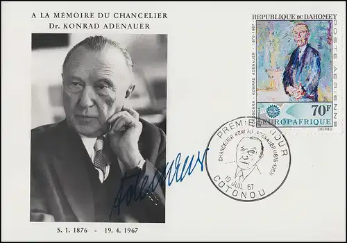 Benin / Republik Dahomey 318 Todestag von Adenauer 1967 Schmuck-FDC 19.7.67