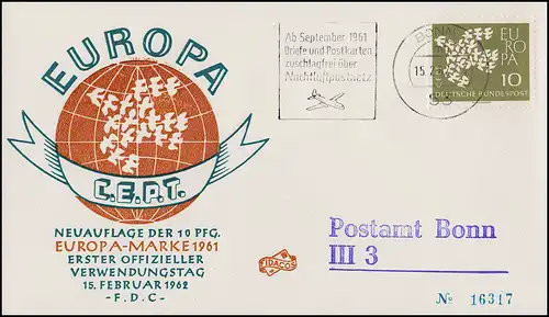 Allemagne 367y Europe / CEPT avec fluorescence 1962 sur FIDACOS-FDC BONN 15.2.62