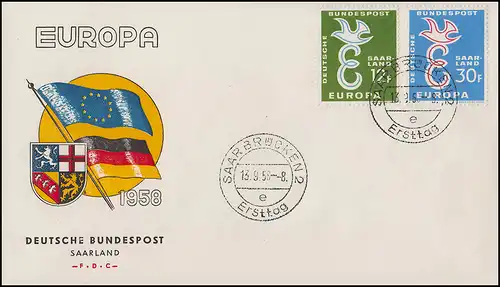 Saarland 439-440 CEPT Europa 1958 - Satz auf Schmuck-FDC SAARBRÜCKEN 13.9.58