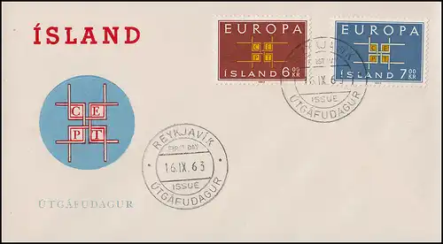 Island 373-374 Europa / CEPT 1963 - Satz auf Schmuck-FDC 16.9.63