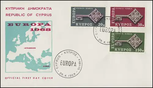 Zypern 307-309 Europa / CEPT 1968 - Satz auf Schmuck-FDC 29.4.68