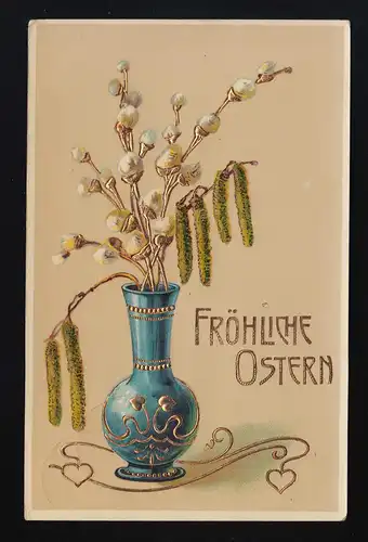 Blaue Vase gold verziert mit Weidenkätzchen + Birkenblüten, Brandenburg 9.4.1909