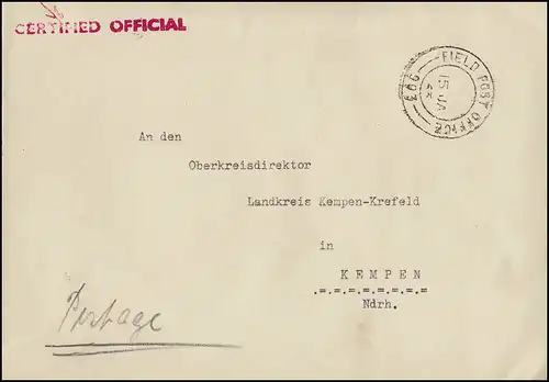 Lettre postale de terrain FIELD POST OFFICE 993 - 15.1.63 CERTIFIED OFICIAL vers Kempen