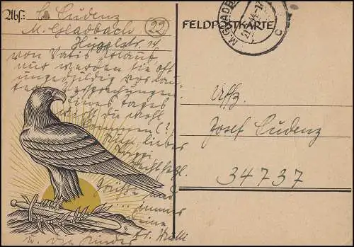 Feldpostkarte aus MÖNCHENGLADBACH 21.3.44 an Feldpostnummer 34737