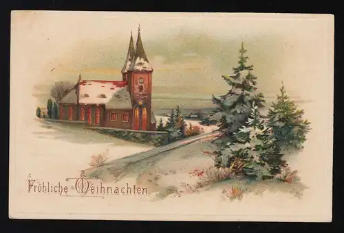 Église éclairée neige paysage Joyeux Noël, Nienburg 22.12.1914