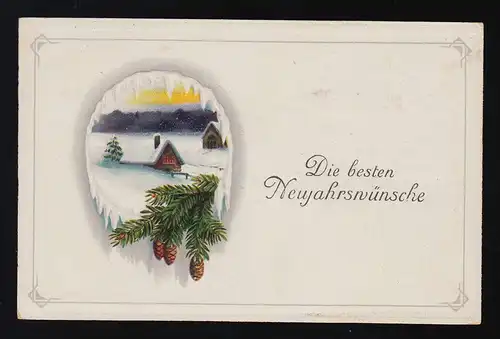 Dorf im Schnee Reisig mit Zapfen, Besten Neujahrswünsche, Schoppen 31.12.1918