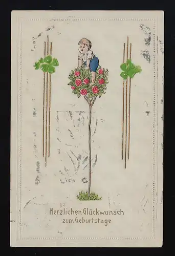 Junge sitzt auf einem Rosenstamm, Glückwunsch Geburtstag, Bentschen 31.1.1915