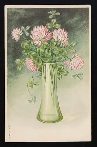 Grüne Glasvase mit Glücksklee und rosa Blüten auf grünem Grund, Hilgen 27.4.1911