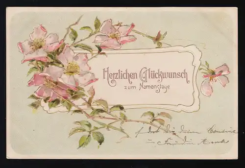 fleurs roses délicates + branches poignarder, Félicitations pour le jour de la fête, Raeren 15.10.1905