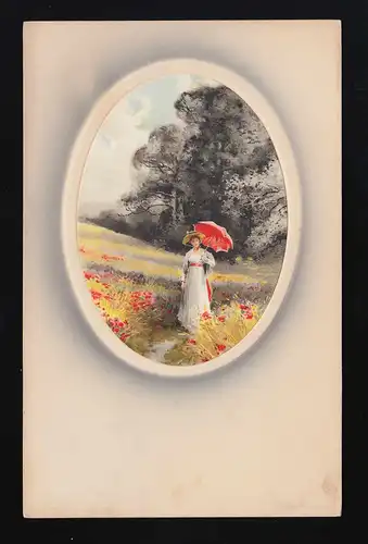 Frau mit rotem Schirm Mohnblumen Feld Gemälde, Medaillon Rahmen Wien um 1908
