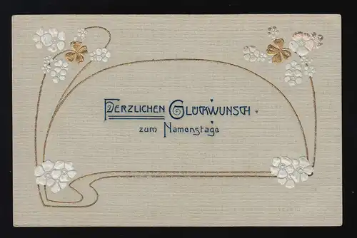 Weiße + goldene Blüten, Goldlinien, Glückwunsch Namenstag, gelaufen 1898