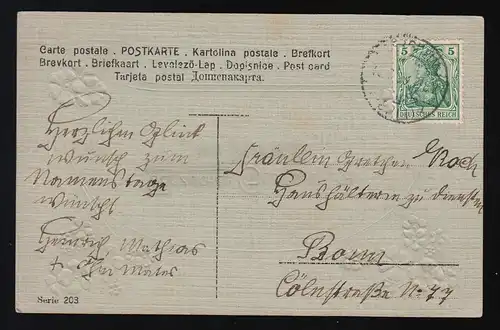 Fleurs blanches + dorées, lignes d'or, Félicitations Nom, couru 1898