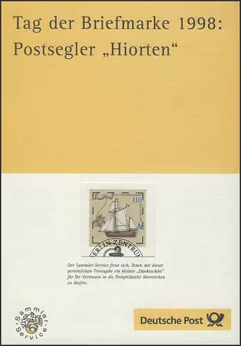 Fidélité de la poste: Journée du timbre & Postsegler Hiorten, ESSt 1998