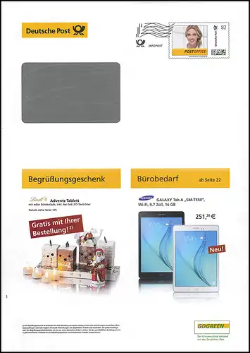 Plusbrief EAI B 85/6 Infopost Frauenportrait 82 Cent Advents-Tablett 2015