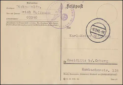 Carte postale de champ tampon 9.12.1940 de la lettre de terrain 02940 vers Creidlitz/Coburg