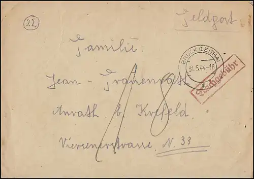 Feldpostbrief ohne BS aus BRUCK (LEITHA) mit Nachporto-Stempel n. Anrath/Krefeld
