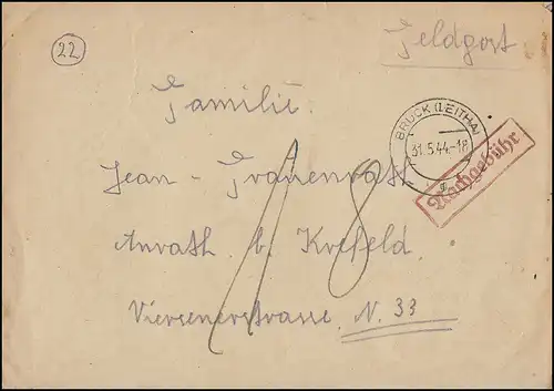 Lettre postale de terrain sans BS de BRUCK (LEITHA) avec temple après porto n. Anrath/Krefeld