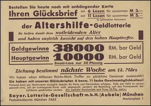 Postkarte Altershilfe-Geldlotterie - Helft uns Alten! MÜNCHEN 27.2.1932